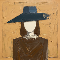 Original heavy-impasto oil painting of a blank-faced woman in a wide navy hat with chocolate cubist facets across the shoulders on a golden ochre ground