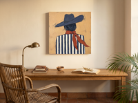 Cowgirl from Behind Wall Art — Original Palette-Knife Oil, Navy & Rust — original hand-painted oil shown on the wall in a styled room
