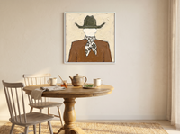 Cowboy from Behind Wall Art — Original Palette-Knife Oil, Olive & Caramel — original hand-painted oil shown on the wall in a styled room