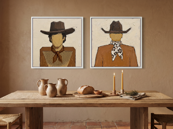 Cowboy Pair, Gingham & Floral — Set of 2 Original Oils, Caramel & Chocolate