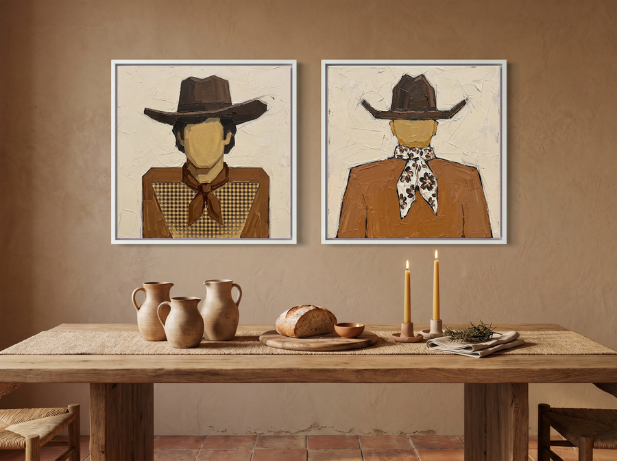 Cowboy Pair, Gingham & Floral — Set of 2 Original Oils, Caramel & Chocolate