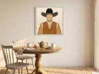 Cowboy in a Vest Wall Art — Original Palette-Knife Oil, Brown & Tan — original hand-painted oil shown on the wall in a styled room