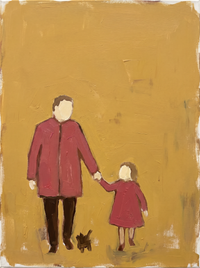 Oil painting of a tall father in a clay-rose coat holding the small hand of a child half his height, both with pale cream heads, on a mustard-gold ground.