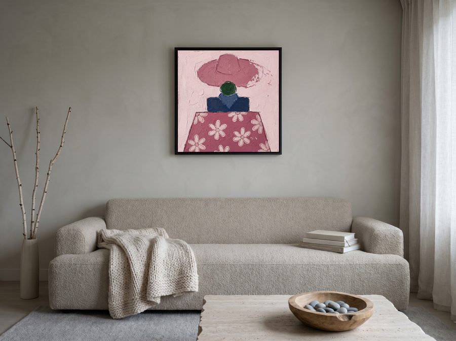 Lady in a Daisy Shirt Wall Art — Original Palette-Knife Oil, Mauve & Navy