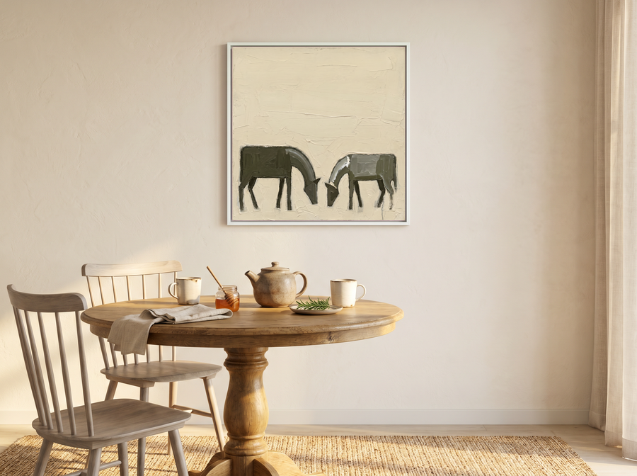 Two Grazing Horses Wall Art — Original Palette-Knife Oil, Olive & Grey