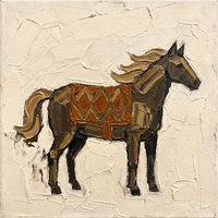 Oil painting of a dark chocolate-brown horse in profile with a rust diamond-patterned saddle blanket and pale tan mane and tail, on a cream ground.