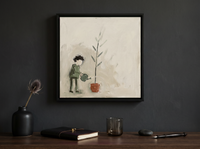 Woman Watering a Plant Wall Art — Original Palette-Knife Oil, Sage & Terracotta — original hand-painted oil shown on the wall in a styled room