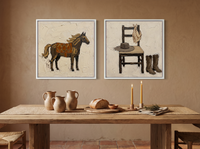 Horse & Cowboy Gear — Set of 2 Original Oils, Chocolate & Rust — original hand-painted oil shown on the wall in a styled room