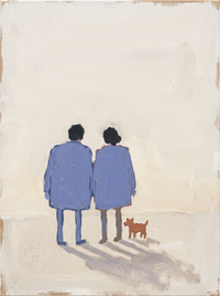 Oil painting of a man and woman in periwinkle-blue coats walking hand in hand, shoulders almost touching, on a pale oat-cream ground.