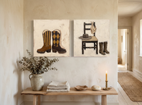 Cowboy Boots & Hat — Set of 2 Original Oils, Chocolate & Rust — original hand-painted oil shown on the wall in a styled room