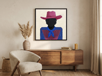Cowboy in a Checked Shirt Wall Art — Original Palette-Knife Oil, Magenta & Cobalt — original hand-painted oil shown on the wall in a styled room