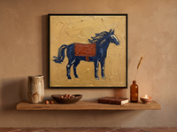 Standing Horse Wall Art — Original Palette-Knife Oil, Navy & Rust — original hand-painted oil shown on the wall in a styled room