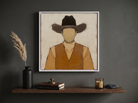 Cowboy in a Vest Wall Art — Original Palette-Knife Oil, Brown & Tan — original hand-painted oil shown on the wall in a styled room