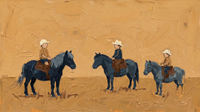 Original wide oil painting of three small children in tan tops and straw hats riding slate-blue ponies in a loose row across a warm golden-ochre pasture
