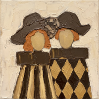 Oil painting of a woman in a wide chocolate-brown hat with a wheat-tan oval face, holding a cluster of cream blooms against a caramel bodice, on a cream ground.