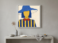 Lady in a Cobalt Hat Wall Art — Original Palette-Knife Oil, Cobalt & Yellow — original hand-painted oil shown on the wall in a styled room