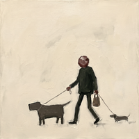 Original oil painting of a man in a near-black olive coat with an oxblood head walking a charcoal-brown dog and a dachshund, a taupe bag in hand, on a cream ground