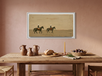 Two Riders Across Olive Pasture Wide Canvas — Original Palette-Knife Oil, Olive & Sienna — original hand-painted oil shown on the wall in a styled room
