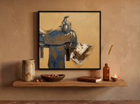 Western Saddle Still Life Wall Art — Original Palette-Knife Oil, Ochre & Slate — original hand-painted oil shown on the wall in a styled room