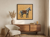 Standing Horse Wall Art — Original Palette-Knife Oil, Slate Blue & Ochre — original hand-painted oil shown on the wall in a styled room