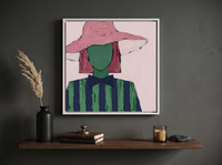 Lady in a Pink Hat Wall Art — Original Palette-Knife Oil, Pink & Navy — original hand-painted oil shown on the wall in a styled room