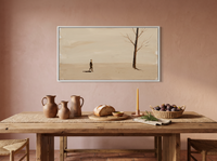 Lone Walker & Bare Tree Wide Wall Art — Original Palette-Knife Oil, Chocolate & Cream — original hand-painted oil shown on the wall in a styled room