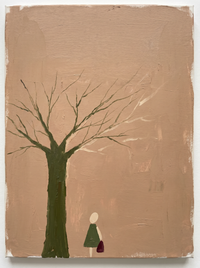 Oil painting of a leafless moss-green tree, trunk at the lower left and branches fanning right, with a small figure in an olive dress holding a wine-red bag beneath it, on a clay-tan ground.