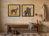 Standing Horse & Mounted Cowboy — Set of 2 Original Oils, Blue-Grey & Ochre — original hand-painted oil shown on the wall in a styled room