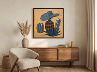 Cowboy in a Cactus Field Wall Art — Original Palette-Knife Oil, Navy & Ochre — original hand-painted oil shown on the wall in a styled room