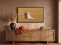 Wedding Couple and Dog Wide Wall Art — Original Palette-Knife Oil, Navy & Golden Ochre — original hand-painted oil shown on the wall in a styled room