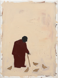 Oil painting of a woman seen from behind in a wine dress watering a rust sprig with an oat-tan can, on a cream ground.