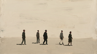 Original wide oil painting of five small figures in dark olive coats with two oxblood hats walking in a loose line across a cool grey ground, Lowry-style with generous negative space