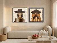 Cowgirls Turning Toward Each Other — Set of 2 Original Oils, Chocolate & Tan — original hand-painted oil shown on the wall in a styled room
