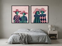 Women in Wide-Brim Hats — Set of 2 Original Oils, Rose & Emerald — original hand-painted oil shown on the wall in a styled room