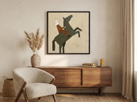 Rider on a Rearing Horse Wall Art — Original Palette-Knife Oil, Olive & Rust — original hand-painted oil shown on the wall in a styled room