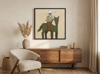 Cowgirl on Horseback Wall Art — Original Palette-Knife Oil, Olive & Cream — original hand-painted oil shown on the wall in a styled room