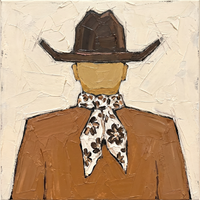 Original oil painting of a cowboy seen from behind in a chocolate-brown hat with a cream brown-floral bandana over a caramel shirt, on an ivory ground