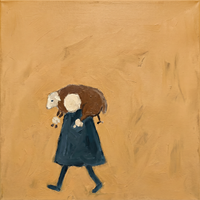 Original oil painting of a shepherd in a dark teal cloak carrying a brown lamb across his shoulders on a golden ochre ground