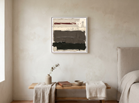 Horizontal Bands Abstract Wall Art — Original Palette-Knife Oil, Taupe & Oxblood — original hand-painted oil shown on the wall in a styled room