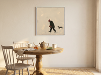 Man Walking His Dachshund Wall Art — Original Oil, Charcoal & Oxblood — original hand-painted oil shown on the wall in a styled room