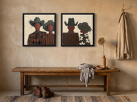 Cowboy & Cowgirl, Front & Back — Set of 2 Original Oils, Olive & Oxblood — original hand-painted oil shown on the wall in a styled room