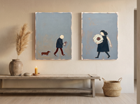 Man with Dog & Woman with Bouquet — Set of 2 Original Oils, Charcoal & Slate — original hand-painted oil shown on the wall in a styled room