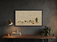 Shepherd and Flock Wide Wall Art — Original Oil Landscape, Olive & Burnt Sienna — original hand-painted oil shown on the wall in a styled room