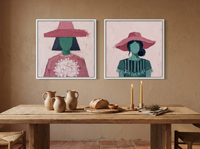 Women in Hats — Set of 2 Original Oils, Pink & Emerald — original hand-painted oil shown on the wall in a styled room