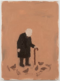 Oil painting of an old man in a near-black coat with a pale bald head, leaning on a cane over brown pigeons on a deep terracotta ground.