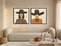 Cowgirl and Cowboy — Set of 2 Original Oils, Chocolate & Rust — original hand-painted oil shown on the wall in a styled room