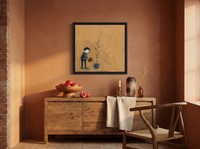 Woman Watering a Plant Wall Art — Original Palette-Knife Oil, Ochre & Teal — original hand-painted oil shown on the wall in a styled room