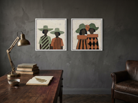 Women in Wide-Brim Hats — Set of 2 Original Oils, Sage & Terracotta — original hand-painted oil shown on the wall in a styled room