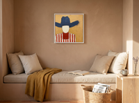Cowboy in a Wide Hat Wall Art — Original Palette-Knife Oil, Navy & Red — original hand-painted oil shown on the wall in a styled room
