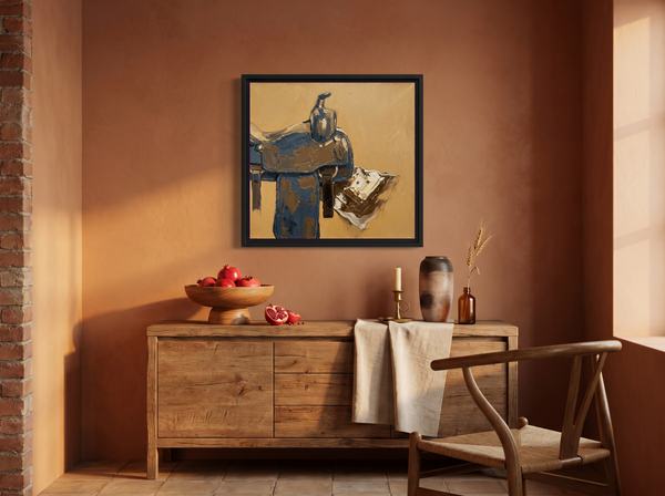 Western Saddle Still Life Wall Art — Original Palette-Knife Oil, Ochre & Slate